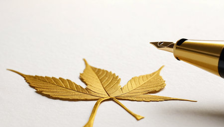 Golden leaf with fountain pen on white paper background. Close up.の素材