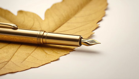 Fountain pen on a yellow leaf on a white background close upの素材