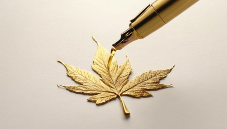 golden maple leaf and fountain pen on white background, copy spaceの素材