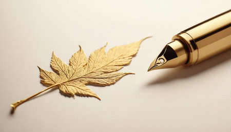 Golden fountain pen and autumn leaf on white paper background, closeupの素材