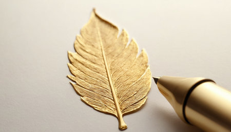 golden feather and pen on white background. close-up.の素材