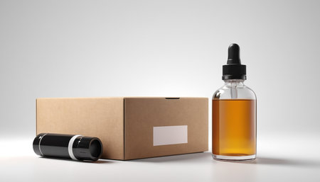 3d rendering of a brown bottle with a pipette and a cardboard boxの素材