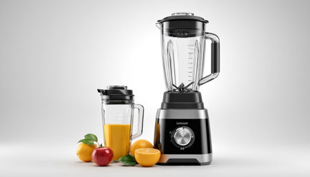 Blender with fresh juice and fruits on white background. 3d renderingの素材