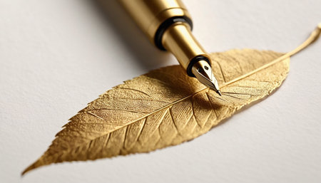 Fountain pen and golden feather on white background, close-upの素材