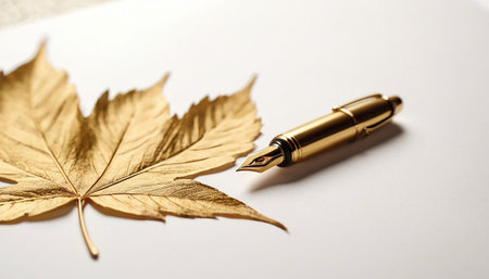 Fountain pen and golden leaf on a white background, close upの素材