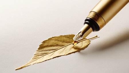 Fountain pen with golden leaf on white paper background, closeupの素材