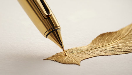 golden pen and leaf on white background, closeup of photoの素材