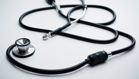 Stethoscope on a white background. Shallow depth of field. Toned.の素材