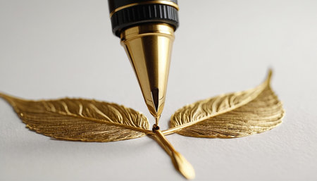 Golden leaf with a gold pen on a white background close-upの素材