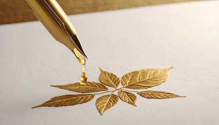 golden fountain pen on a white sheet of paper with golden leavesの素材