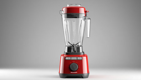 Modern electric red blender isolated on grey background with shadow 3D renderingの素材