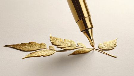 Gold pen and golden leaves on a white background, close-upの素材