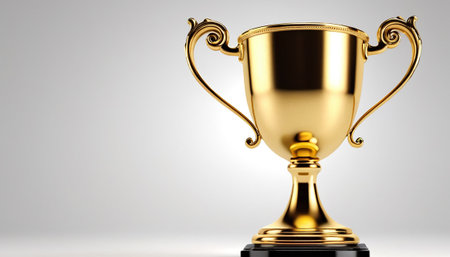 golden trophy cup isolated on gray background. 3d render illustrationの素材