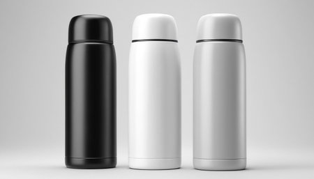 Blank black and white thermos bottle mockup, 3d renderingの素材