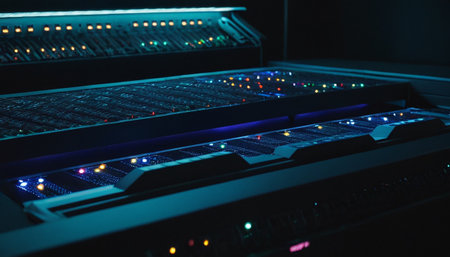 Sound mixer in a dark room, close-up of the mixerの素材