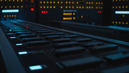 Close-up of server room with rows of computer hardware in data centerの素材