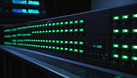 Network servers in data room Domestic Room. 3D Render. Selective focus.の素材