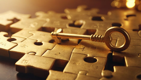 Key to success. Golden key on jigsaw puzzle. Business concept.の素材