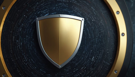 3d illustration of golden shield on dark background. cyber security conceptの素材