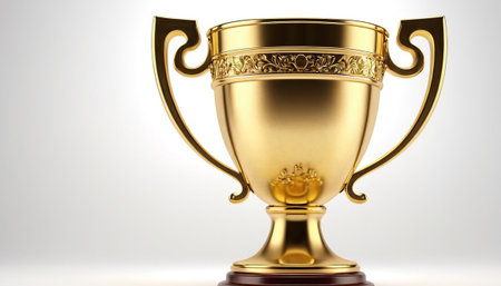 3d rendering of a golden trophy cup on white background with shadowの素材