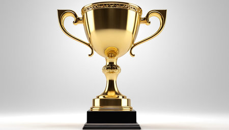 3D rendering of a golden trophy cup isolated on a white backgroundの素材