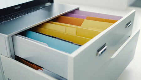 File cabinet with documents and laptop on white background. Selective focus.の素材