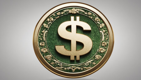 Golden dollar symbol on a gray background. 3d render illustration.の素材