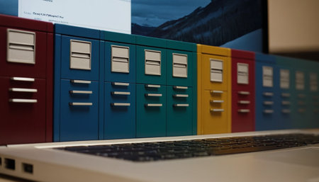 Laptop with colorful file folders on a desk in a modern officeの素材