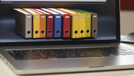 Laptop with file folders on the table. Workplace in officeの素材
