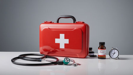 First aid kit with stethoscope and syringe on grey backgroundの素材