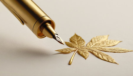 Fountain pen and golden leaf on white background, close-upの素材