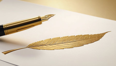 Fountain pen and golden feather on a white sheet of paper.の素材