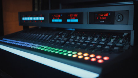 Close-up of a sound mixer control panel in a recording studioの素材