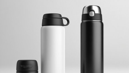 Mockup of black and white plastic thermos on white backgroundの素材