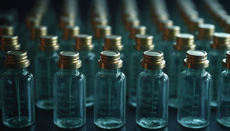 Medical ampoules in a row on a dark background. Selective focus.の素材