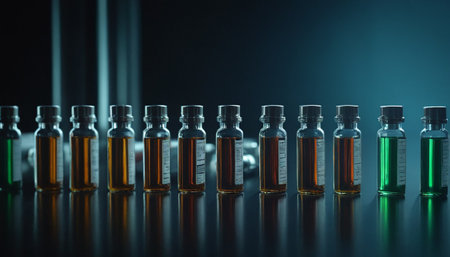 Medical vials and syringes on a dark background. 3d renderingの素材