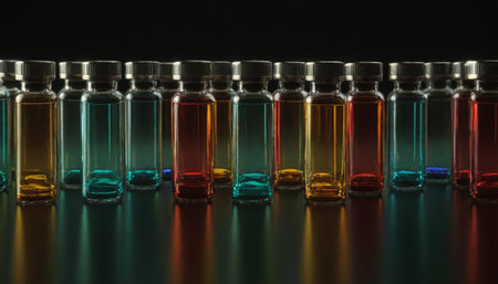 Medical vials with multicolored liquid on a black background.の素材