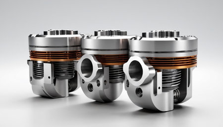 3d illustration of car engine pistons on a gray background.の素材