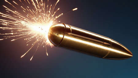 Bullet with sparks on a dark blue background, close-upの素材