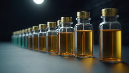 Medicine bottles in row on dark background. 3d rendering.の素材