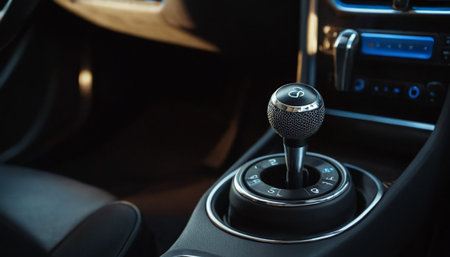 Close up of a gear stick in a car. Car interior details.の素材