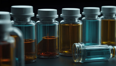 close up of medical vials on black background with copy space.の素材