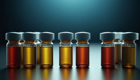3d render of medical vials with orange liquid on dark backgroundの素材