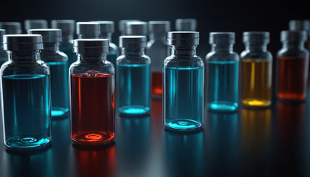 Glass vials with colored liquid on dark background. 3d renderingの素材
