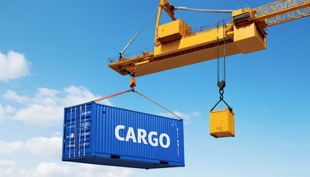 Cargo crane and container with Cape logo on a blue sky backgroundの素材