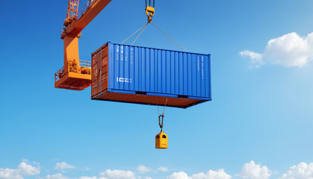 Cargo container and crane hook on blue sky background. 3d renderingの素材
