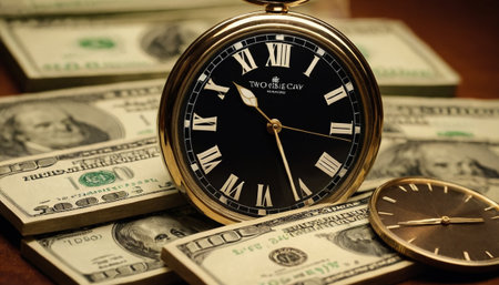Time is money. Pocket watch with dollar banknotes on wooden tableの素材