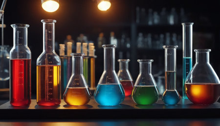 Laboratory glassware with colorful liquids. Science and chemistry background.の素材