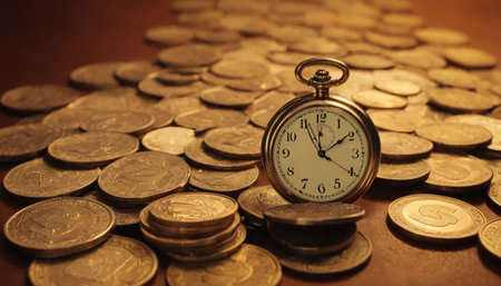 Vintage pocket watch and coins background. Time is money concept.の素材