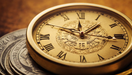 Vintage pocket watch on a wooden background. Time is money.の素材